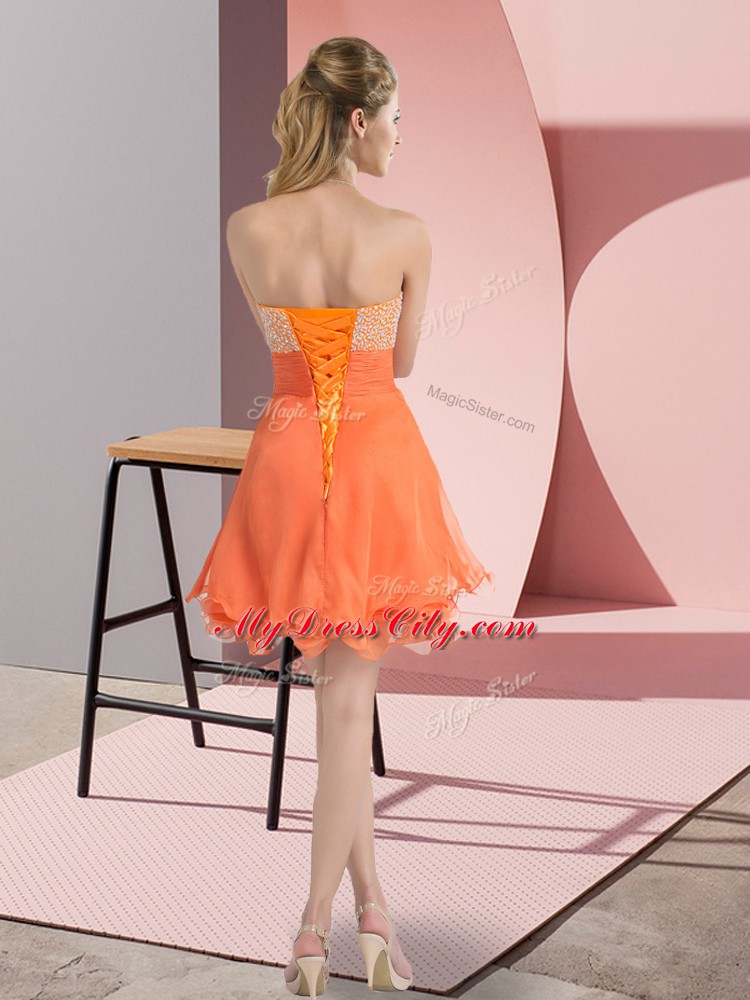 Best Orange Lace Up Prom Dresses Beading and Ruffled Layers and Ruching Sleeveless Mini Length