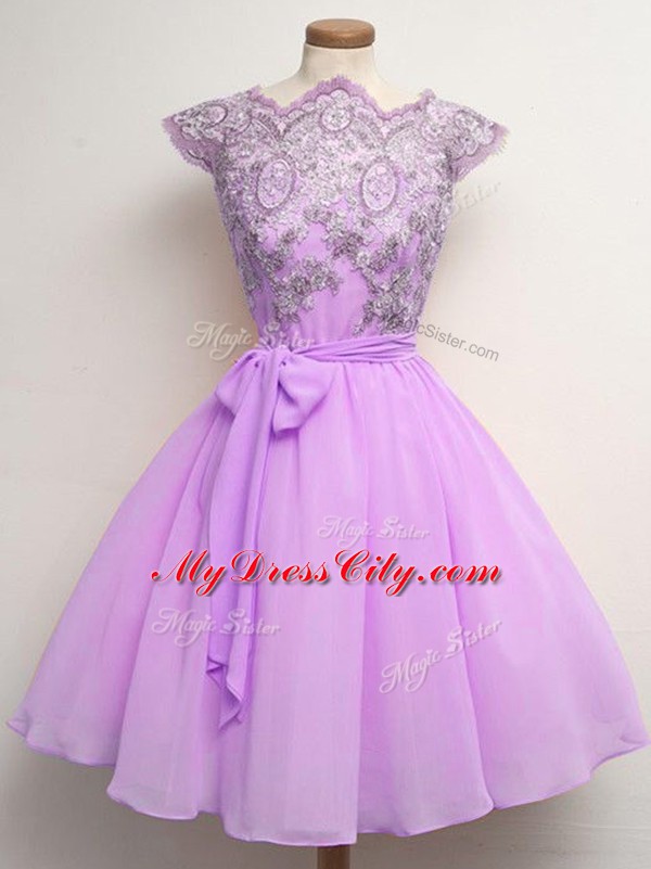 Chiffon Scalloped Cap Sleeves Lace Up Lace and Belt Bridesmaid Gown in Lilac