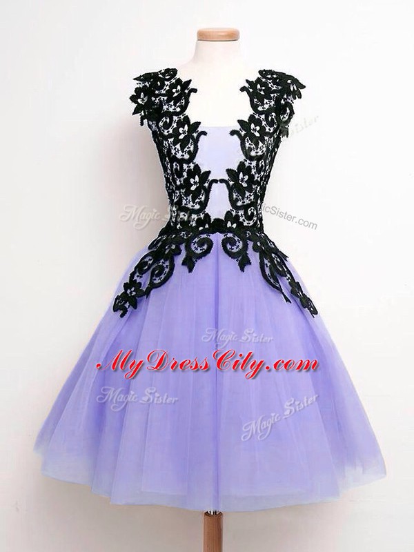 Sumptuous Lavender A-line Tulle Straps Sleeveless Lace Knee Length Lace Up Quinceanera Dama Dress