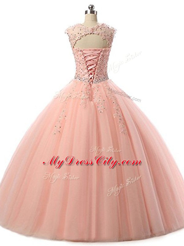 Beauteous Watermelon Red Tulle Lace Up Scoop Sleeveless Floor Length Ball Gown Prom Dress Beading and Lace