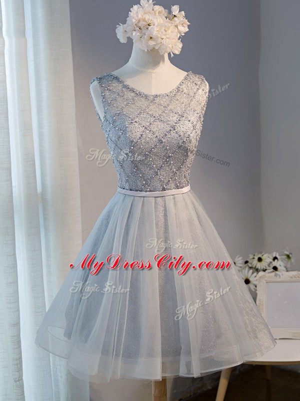 Stylish Grey A-line Tulle Scoop Sleeveless Beading Mini Length Lace Up Prom Gown