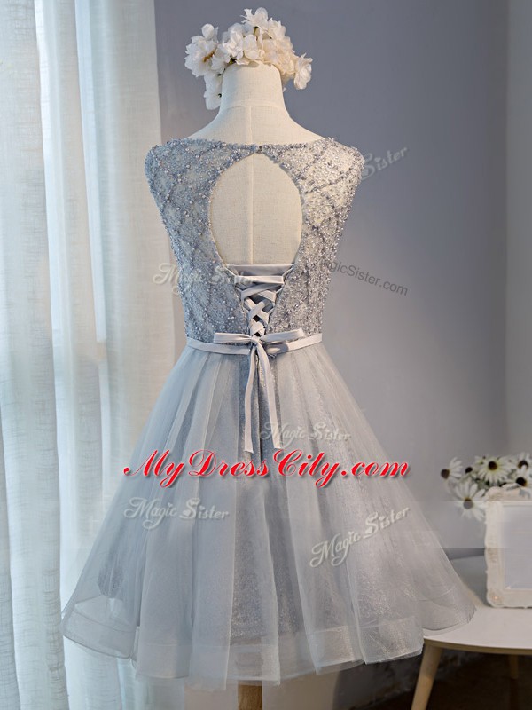 Stylish Grey A-line Tulle Scoop Sleeveless Beading Mini Length Lace Up Prom Gown