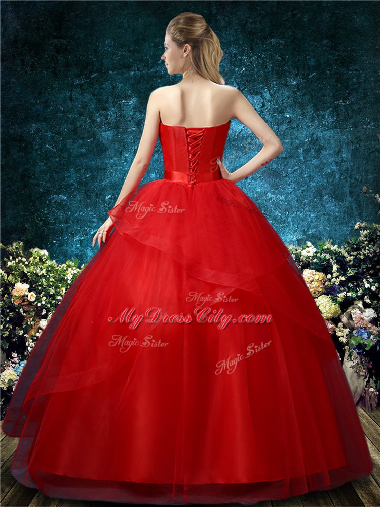 Fashion Red Sleeveless Floor Length Appliques Lace Up Wedding Gowns