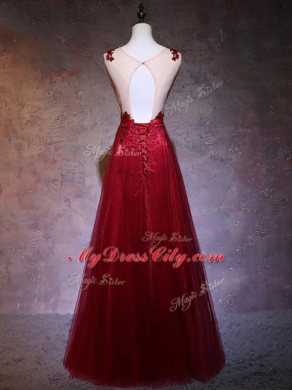 Elastic Woven Satin Straps Sleeveless Backless Appliques Prom Dresses in Wine Red