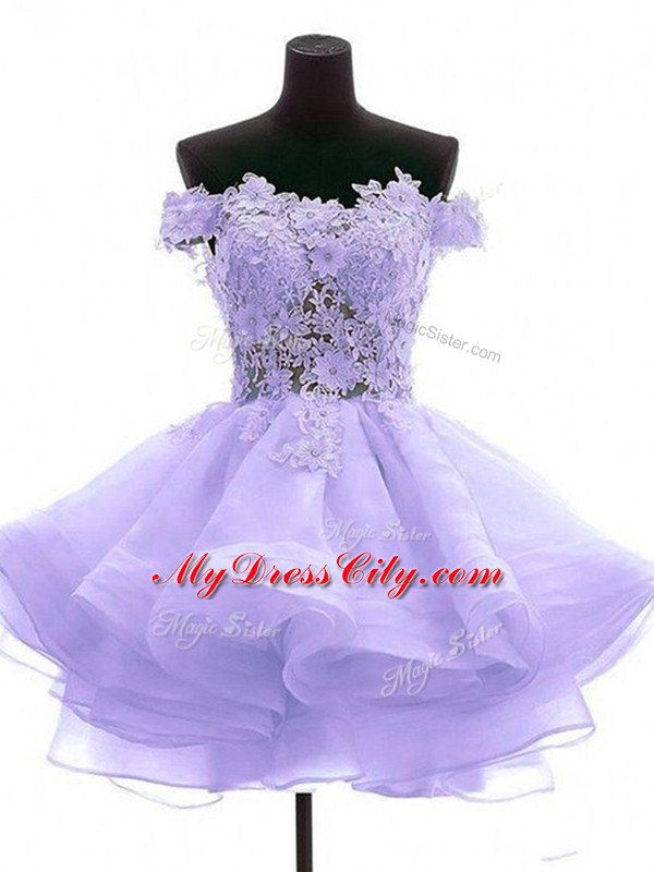 Perfect Lavender A-line Tulle Off The Shoulder Sleeveless Lace and Appliques Mini Length Zipper Evening Dress
