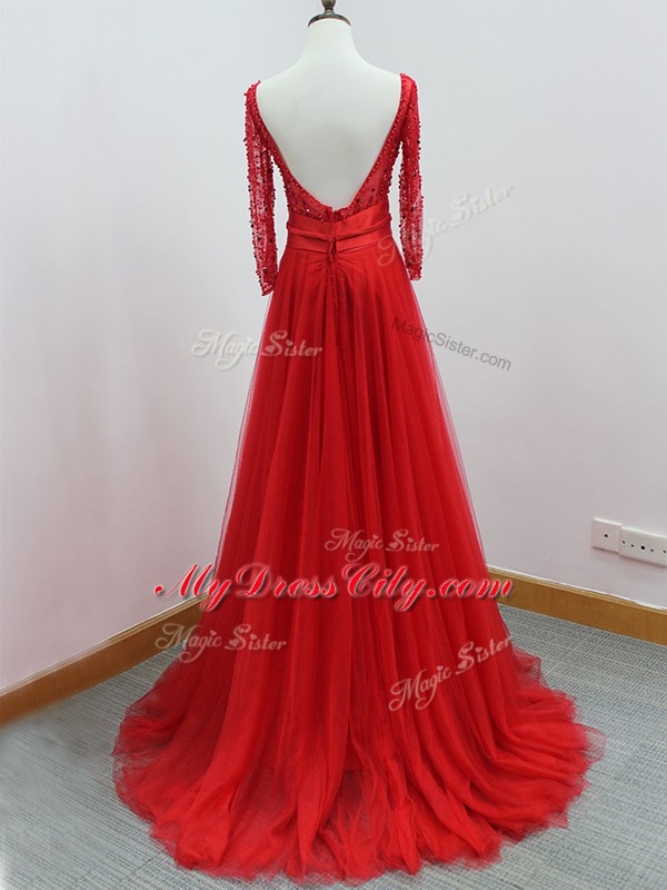 Red A-line Tulle Scoop Long Sleeves Beading and Belt Backless Evening Wear Brush Train