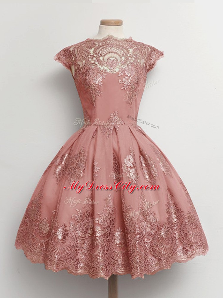 Pink A-line Lace Dama Dress for Quinceanera Lace Up Tulle Cap Sleeves Knee Length