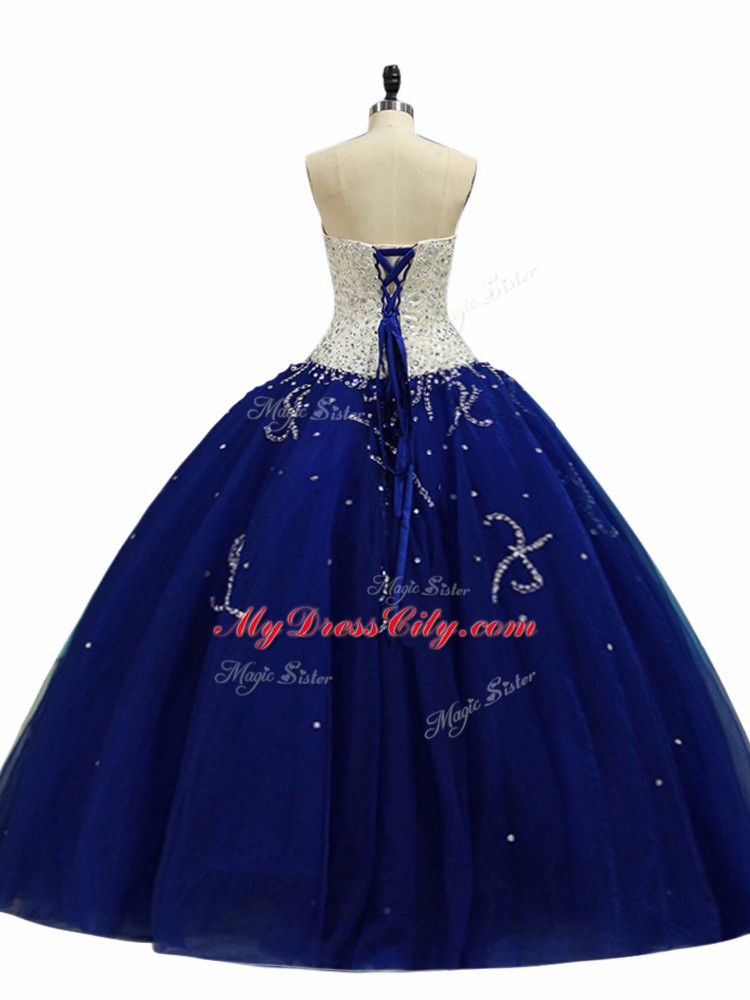 Royal Blue Tulle Lace Up Sweet 16 Dresses Sleeveless Floor Length Beading