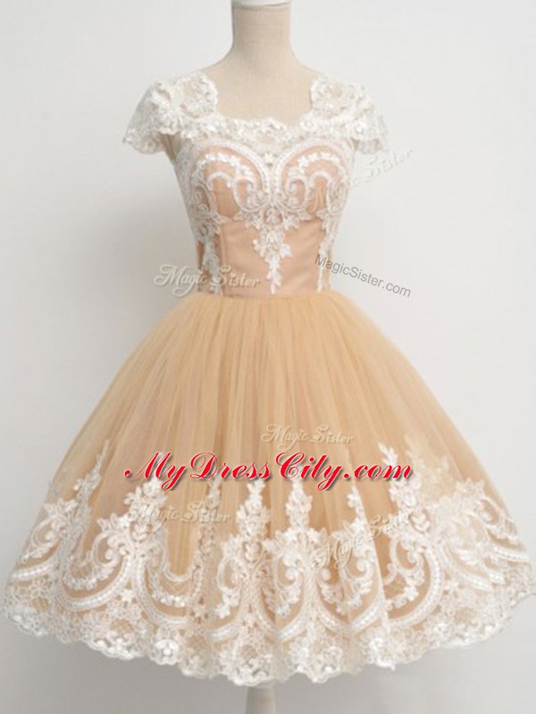 Sexy Champagne Zipper Wedding Party Dress Lace Cap Sleeves Knee Length