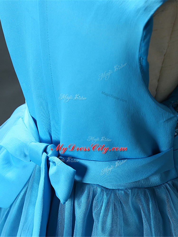 Dramatic Baby Blue Ball Gowns Sequins and Hand Made Flower Flower Girl Dresses for Less Zipper Tulle Sleeveless Knee Length