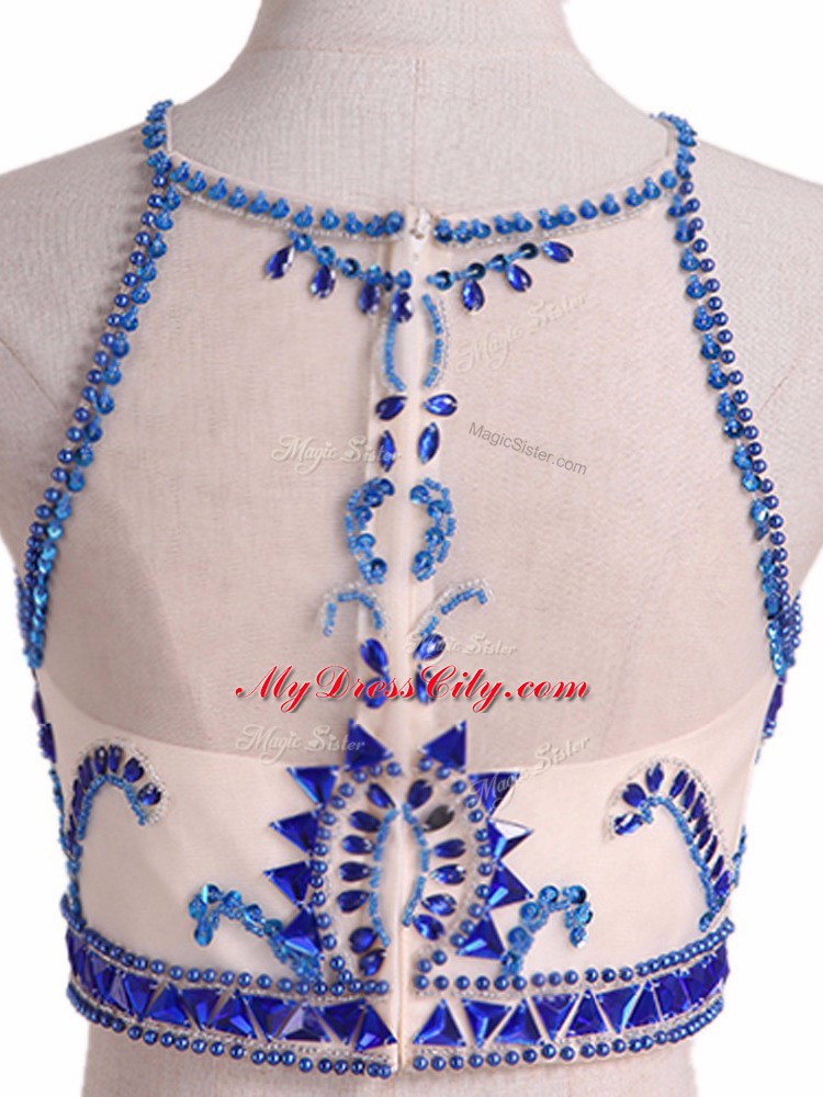 Royal Blue Zipper Scoop Beading Prom Gown Chiffon Sleeveless