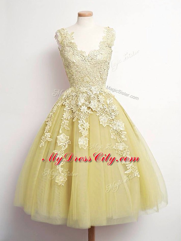 Adorable Gold A-line Lace Quinceanera Court Dresses Lace Up Tulle Sleeveless Knee Length