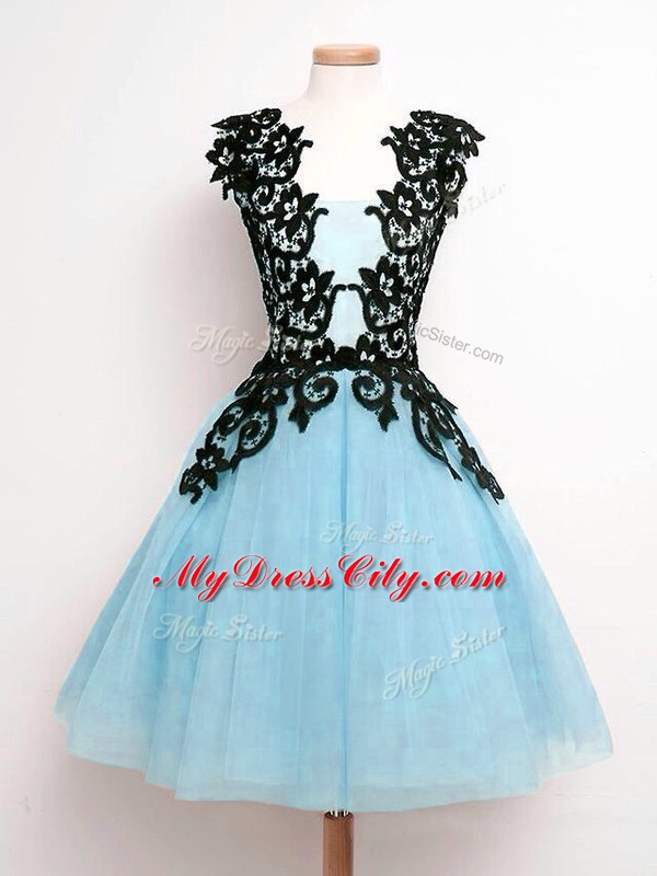 Knee Length A-line Sleeveless Aqua Blue Bridesmaid Dresses Lace Up