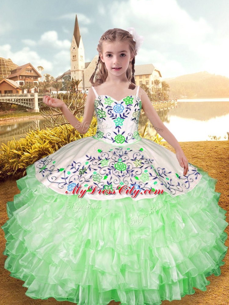 Attractive Sleeveless Organza and Taffeta Floor Length Lace Up Kids Formal Wear in Apple Green with Embroidery and Ruffled Layers