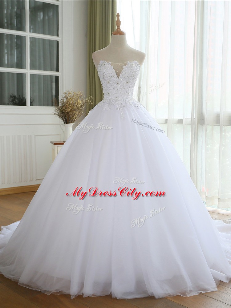 Fabulous White Wedding Gowns Beach and Wedding Party with Lace and Appliques Strapless Sleeveless Court Train Lace Up