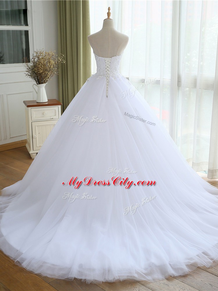 Fabulous White Wedding Gowns Beach and Wedding Party with Lace and Appliques Strapless Sleeveless Court Train Lace Up