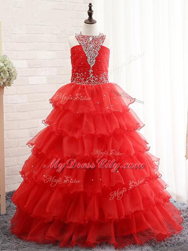 Red Halter Top Neckline Beading and Ruffled Layers Child Pageant Dress Sleeveless Lace Up