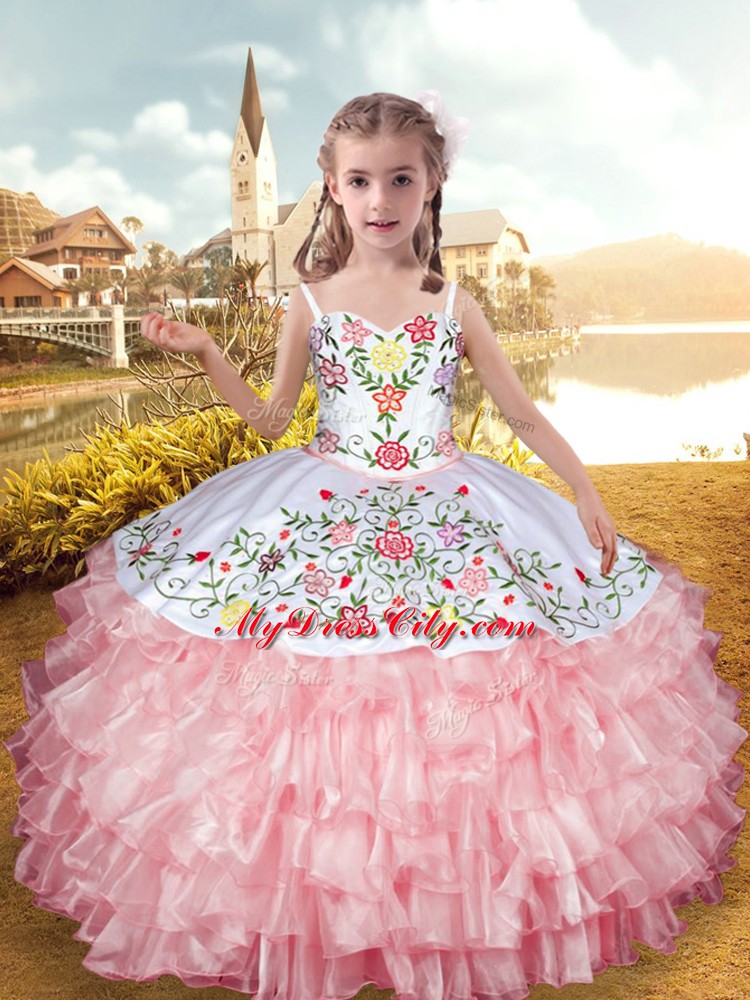 Baby Pink Lace Up Kids Pageant Dress Embroidery and Ruffled Layers Sleeveless Floor Length