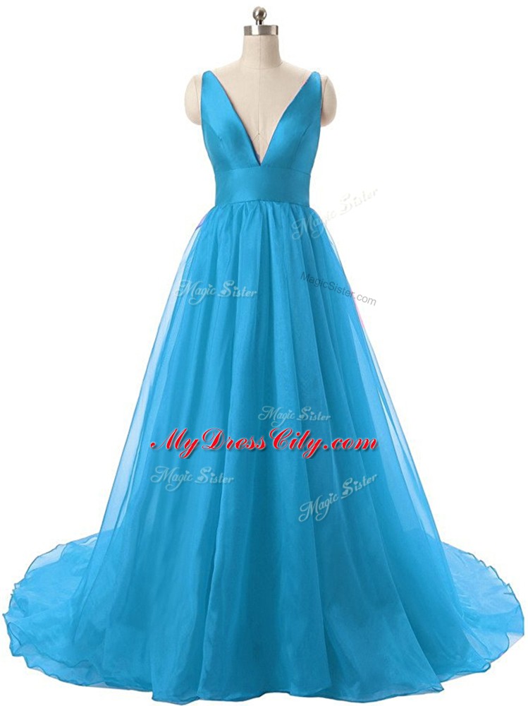 Best Selling Blue A-line Organza V-neck Sleeveless Ruching Backless Prom Party Dress Brush Train