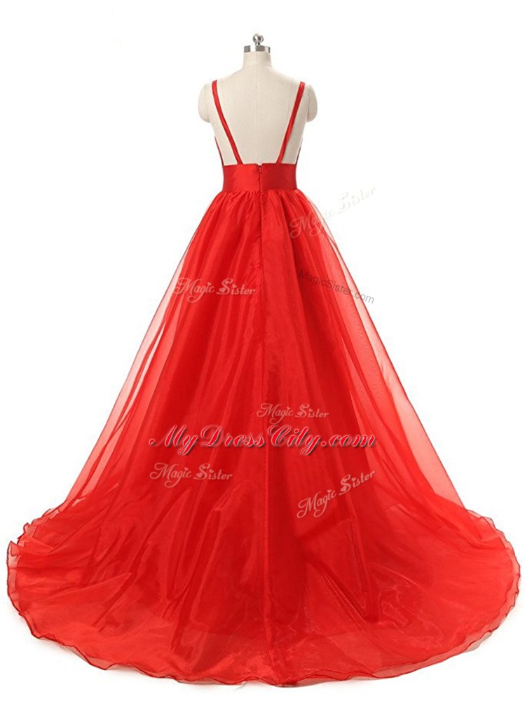 Best Selling Blue A-line Organza V-neck Sleeveless Ruching Backless Prom Party Dress Brush Train