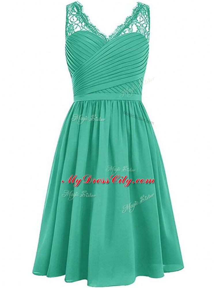 Fitting Green Wedding Guest Dresses Prom and Party and Wedding Party with Lace and Ruching V-neck Sleeveless Side Zipper