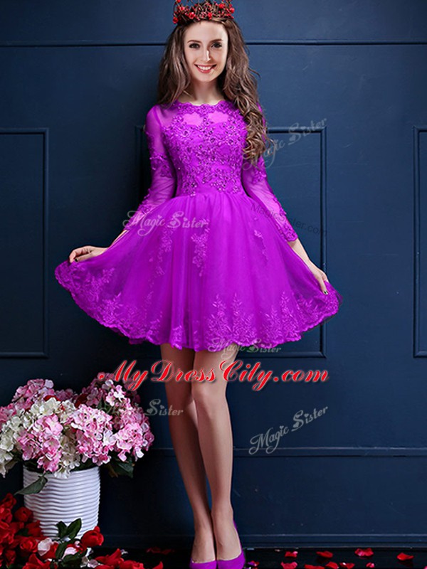 Deluxe Eggplant Purple 3 4 Length Sleeve Mini Length Beading and Lace and Appliques Lace Up Quinceanera Court Dresses
