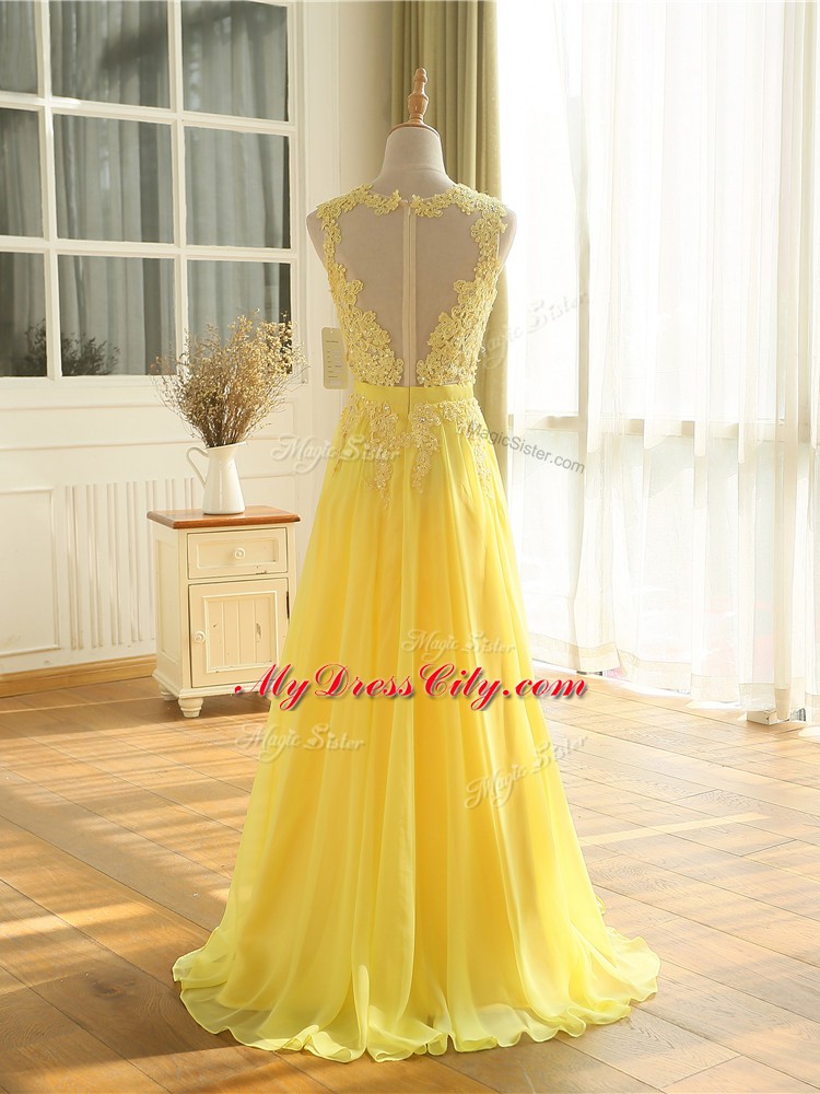 Floor Length Yellow Evening Gowns Scoop Sleeveless Zipper