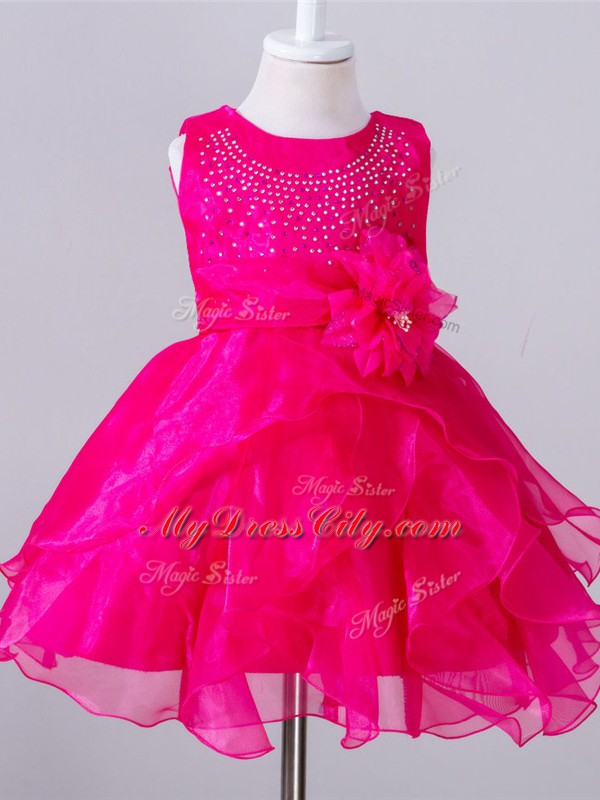 Organza Sleeveless Knee Length Toddler Flower Girl Dress and Beading and Hand Made Flower