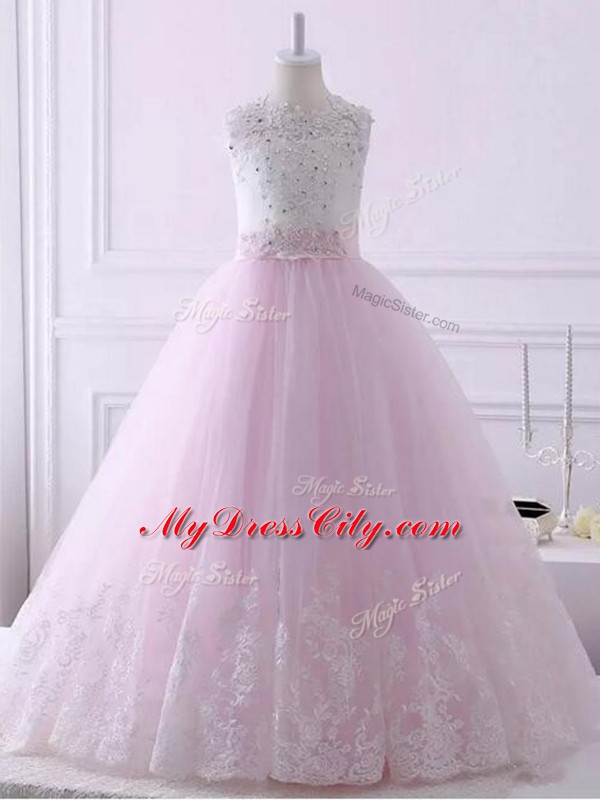Top Selling Baby Pink Ball Gowns Scalloped Sleeveless Tulle Brush Train Lace Up Lace Kids Formal Wear