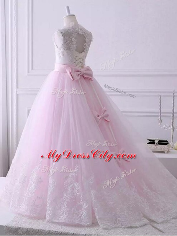 Top Selling Baby Pink Ball Gowns Scalloped Sleeveless Tulle Brush Train Lace Up Lace Kids Formal Wear