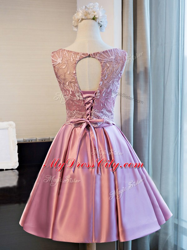 Sleeveless Mini Length Lace and Appliques and Belt Lace Up Prom Party Dress with Lilac