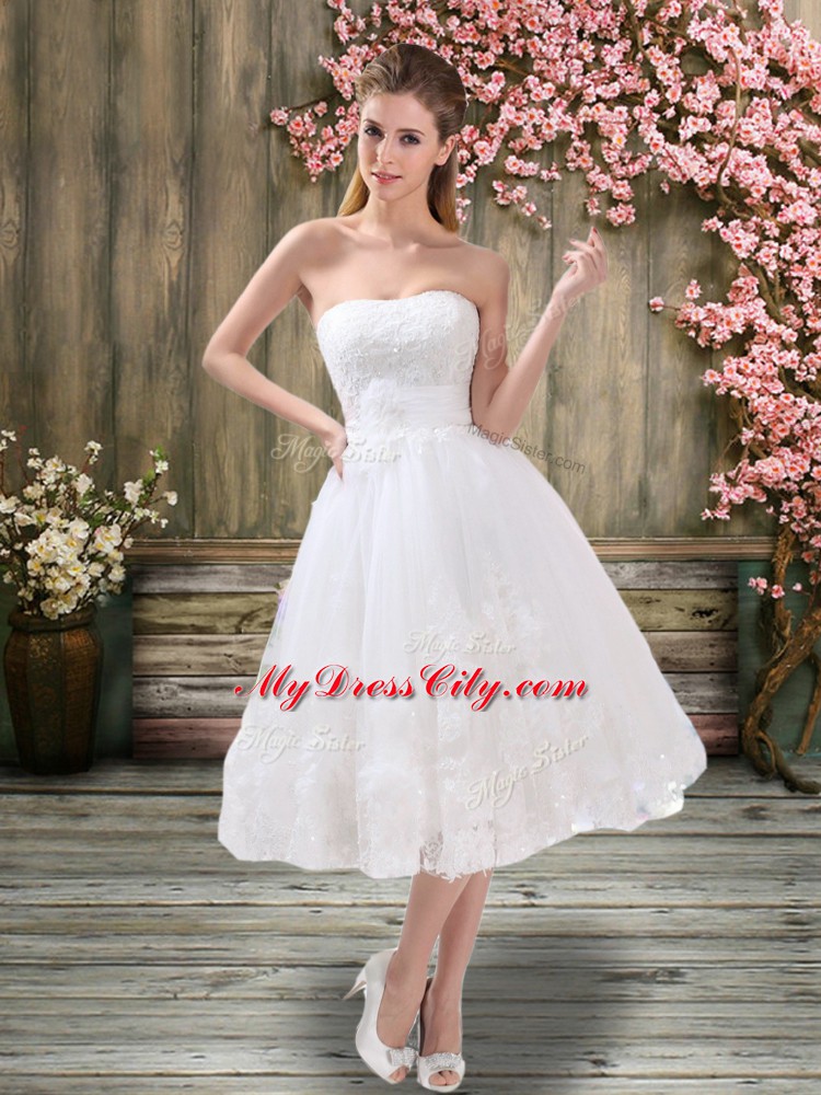 Sleeveless Lace Up Tea Length Appliques and Embroidery and Belt Wedding Dresses
