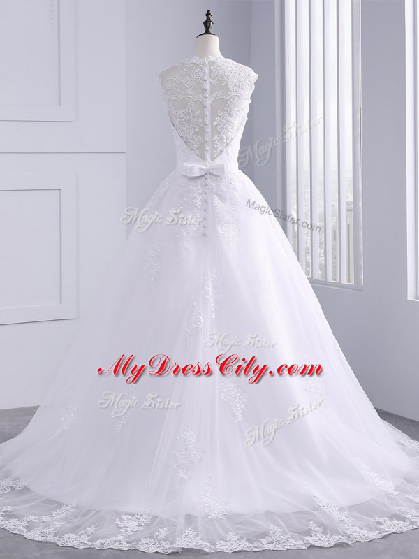 Brush Train A-line Wedding Dresses White High-neck Tulle Sleeveless Zipper