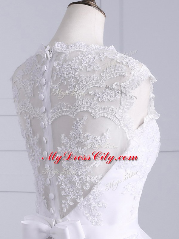 Brush Train A-line Wedding Dresses White High-neck Tulle Sleeveless Zipper