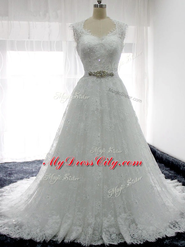 Adorable Straps Sleeveless Lace Bridal Gown Beading and Lace Brush Train Clasp Handle