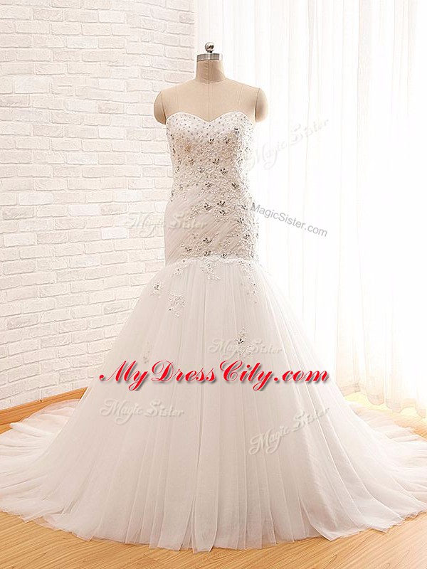 Adorable Sleeveless Beading and Appliques Lace Up Bridal Gown with White Brush Train
