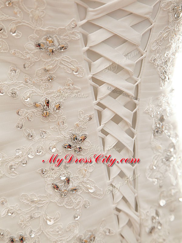 Adorable Sleeveless Beading and Appliques Lace Up Bridal Gown with White Brush Train