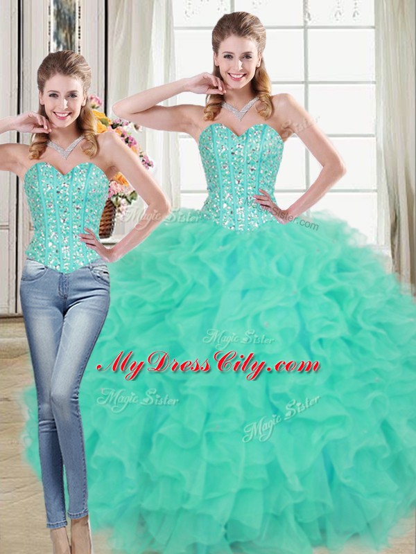 Fabulous Turquoise Quinceanera Dress Organza Brush Train Sleeveless Beading and Ruffled Layers