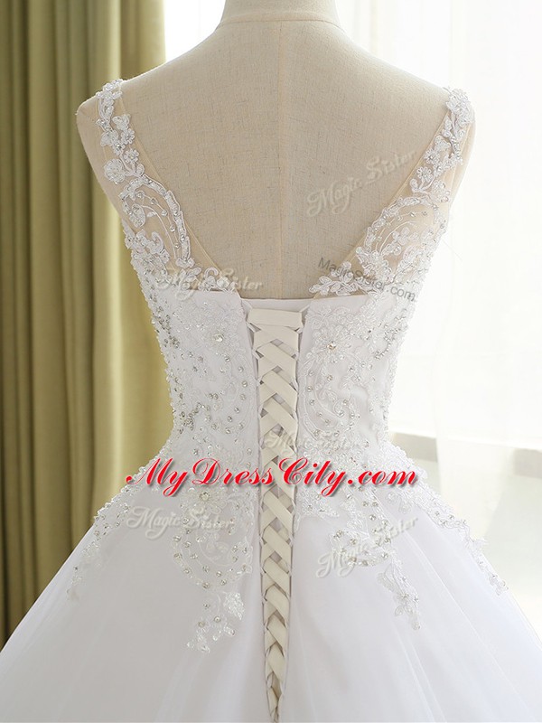White A-line Lace and Appliques Wedding Gowns Lace Up Organza Sleeveless