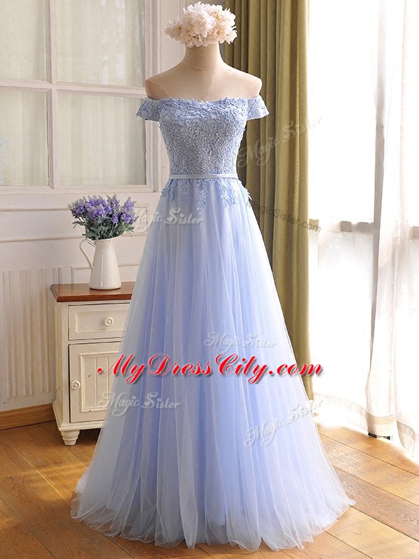 Off The Shoulder Sleeveless Tulle Prom Party Dress Appliques Lace Up