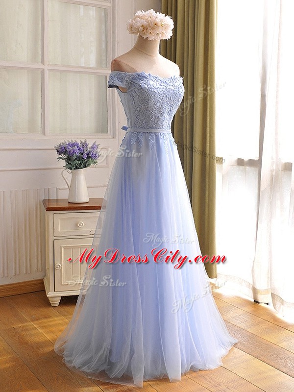 Off The Shoulder Sleeveless Tulle Prom Party Dress Appliques Lace Up
