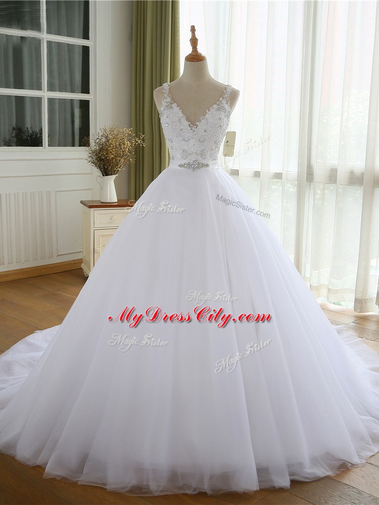 Tulle Sleeveless Wedding Dress Court Train and Beading and Lace and Appliques