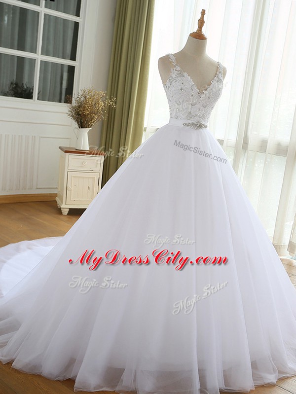 Tulle Sleeveless Wedding Dress Court Train and Beading and Lace and Appliques