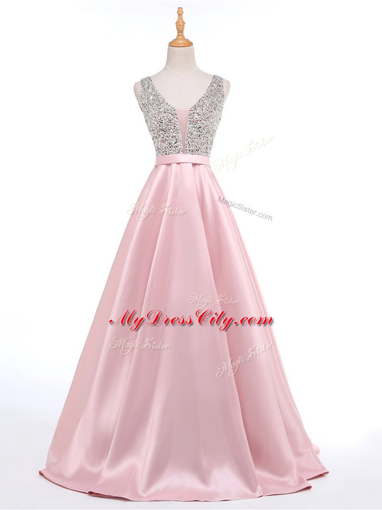 Beautiful Baby Pink Backless Prom Dress Beading Sleeveless Brush Train