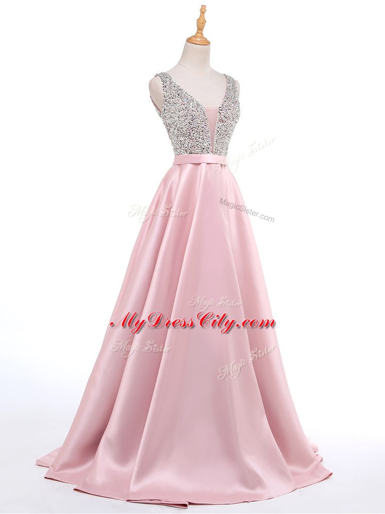 Beautiful Baby Pink Backless Prom Dress Beading Sleeveless Brush Train