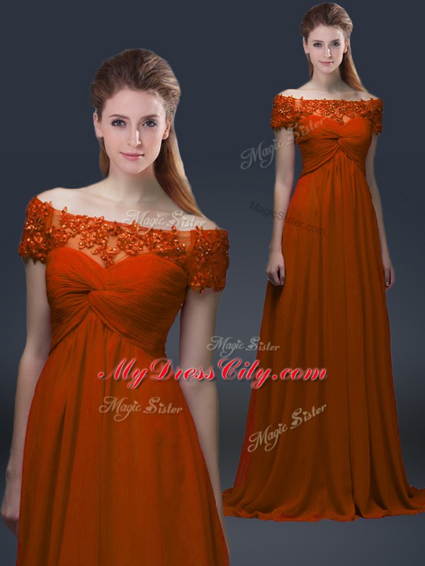 Eye-catching Rust Red Short Sleeves Chiffon Lace Up Mother of the Bride Dress for Prom and Party