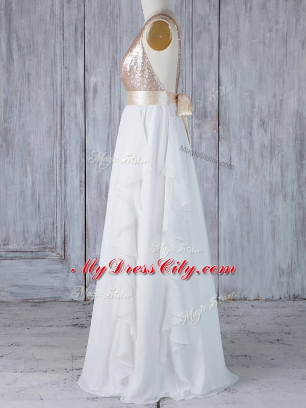 Classical White Empire V-neck Sleeveless Chiffon Floor Length Backless Ruffles and Sequins Dama Dress
