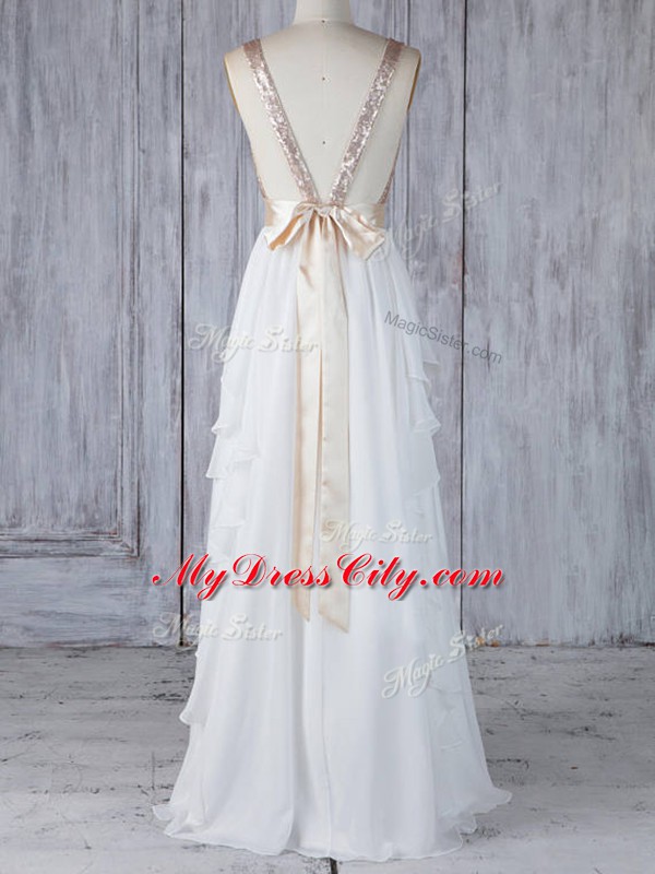Classical White Empire V-neck Sleeveless Chiffon Floor Length Backless Ruffles and Sequins Dama Dress