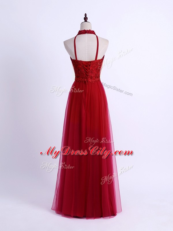 Gorgeous Wine Red Halter Top Neckline Lace and Appliques Dama Dress Sleeveless Lace Up