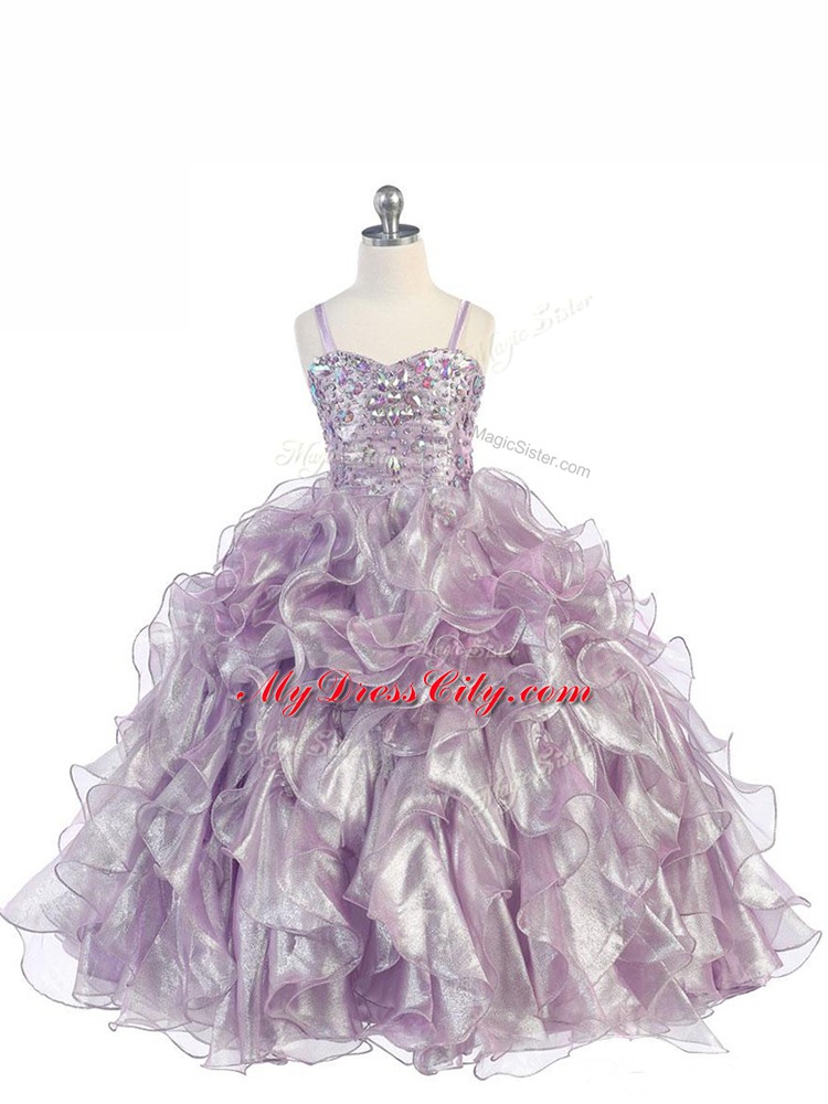Lavender Ball Gowns Spaghetti Straps Sleeveless Organza Floor Length Lace Up Beading and Ruffles Child Pageant Dress